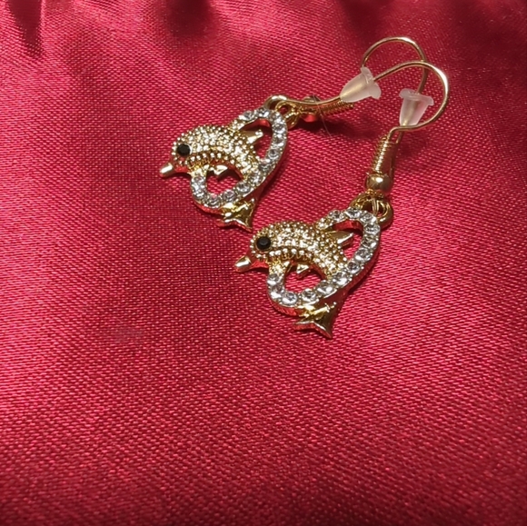 DOLPHIN 🐬 Clear Diamante Drop Earrings In Gold Plating - 1/2"  Length - Picture 4 of 9